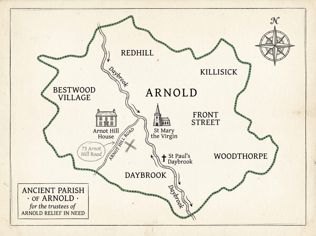 An editorial hand-drawn map of the ancient parish of Arnold, Nottinghamshire, marked with the location of 73 Arnot Hill Road