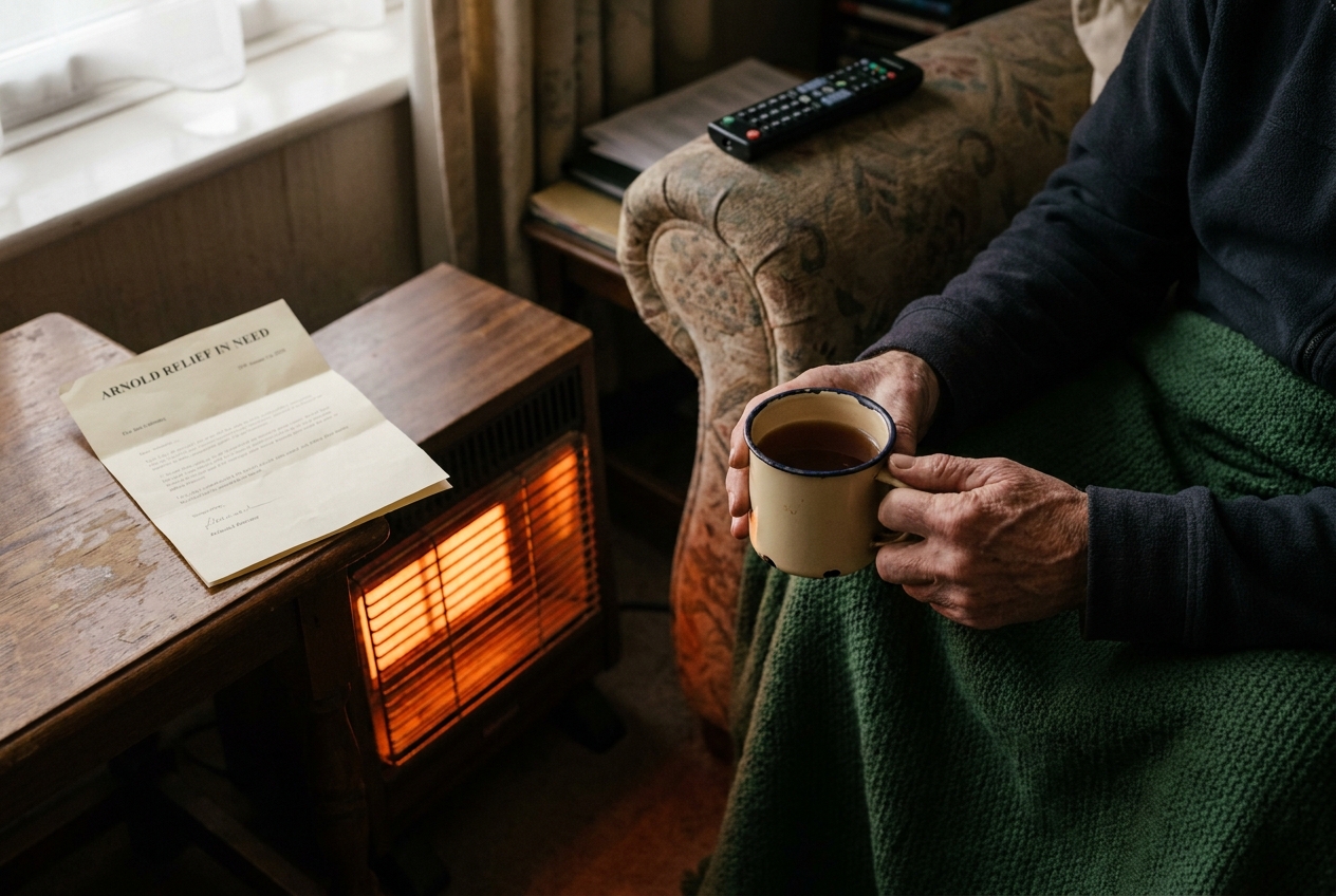 An older man's hands cupping a mug of tea by a small electric heater in a front room in Redhill