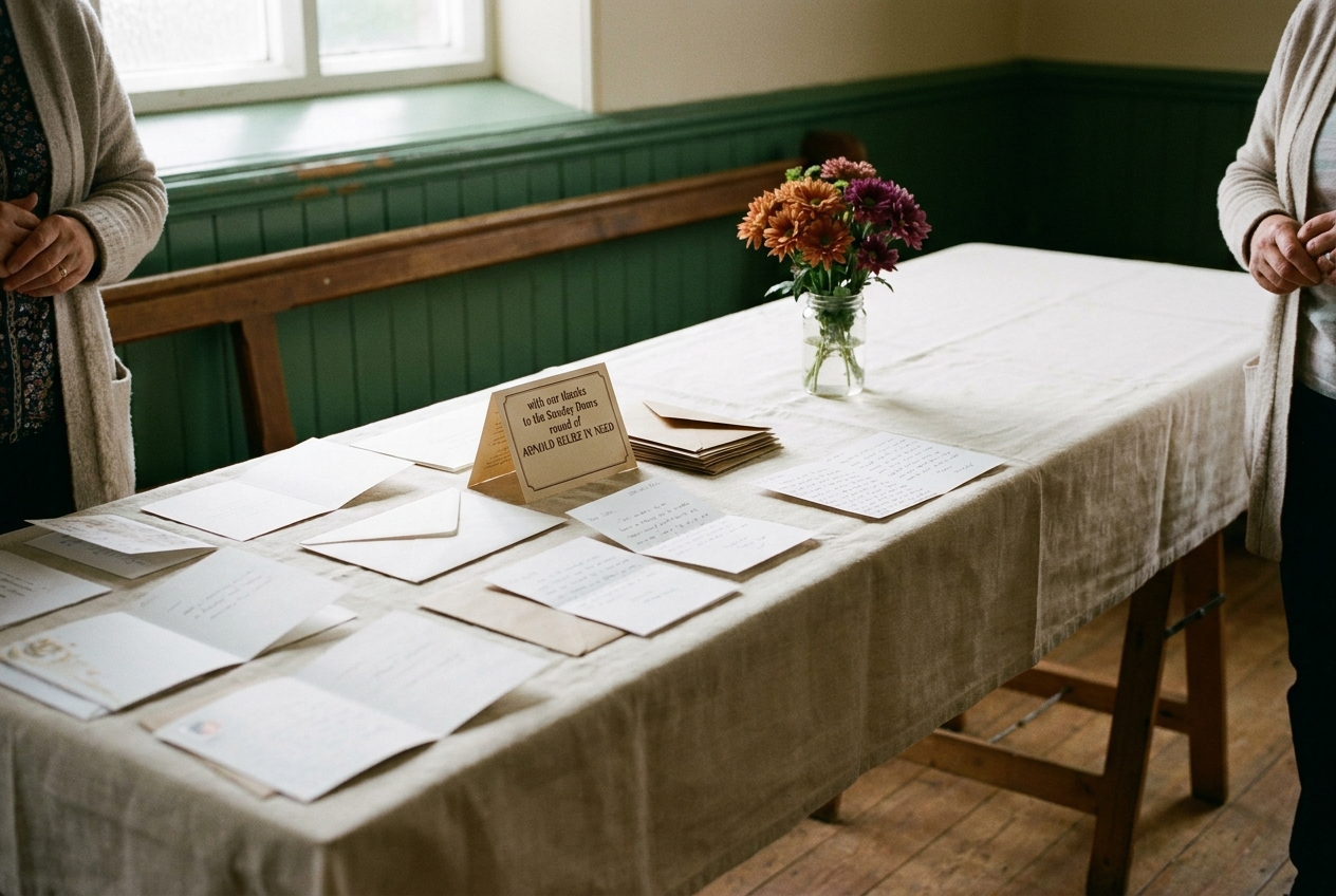 A long row of cards and letters laid out along a parish hall trestle table