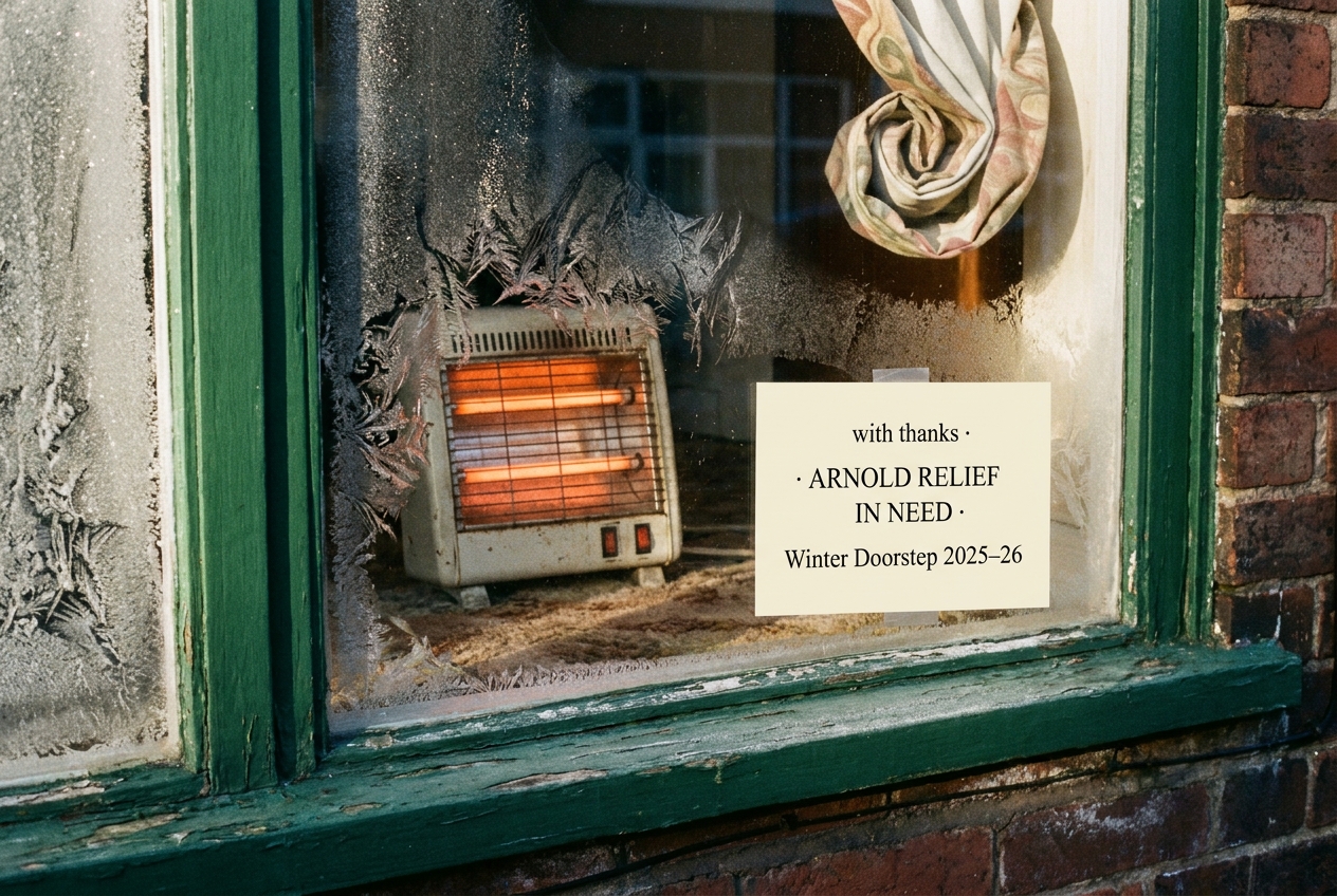 A frost-edged window with a small heater glowing inside a front room