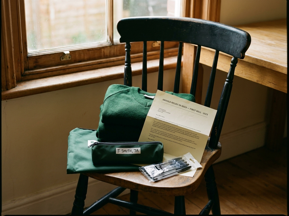 A bundle of new school jumpers folded on a kitchen chair beside a paper grant letter