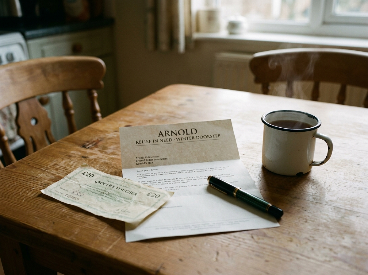 A folded payment letter and a £20 voucher on a wooden kitchen table in low winter light