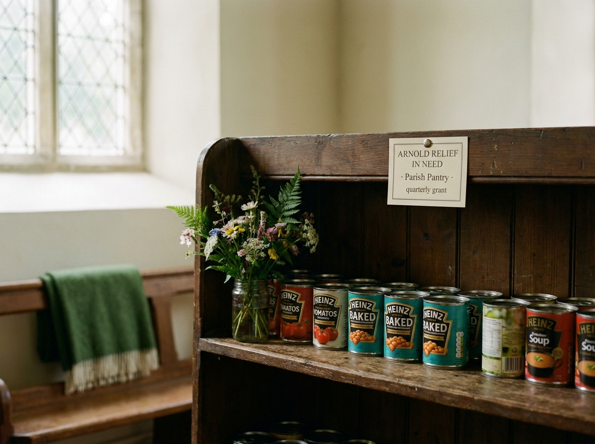 A small wooden shelf of tinned food in a chapel back room, soft daylight through a window