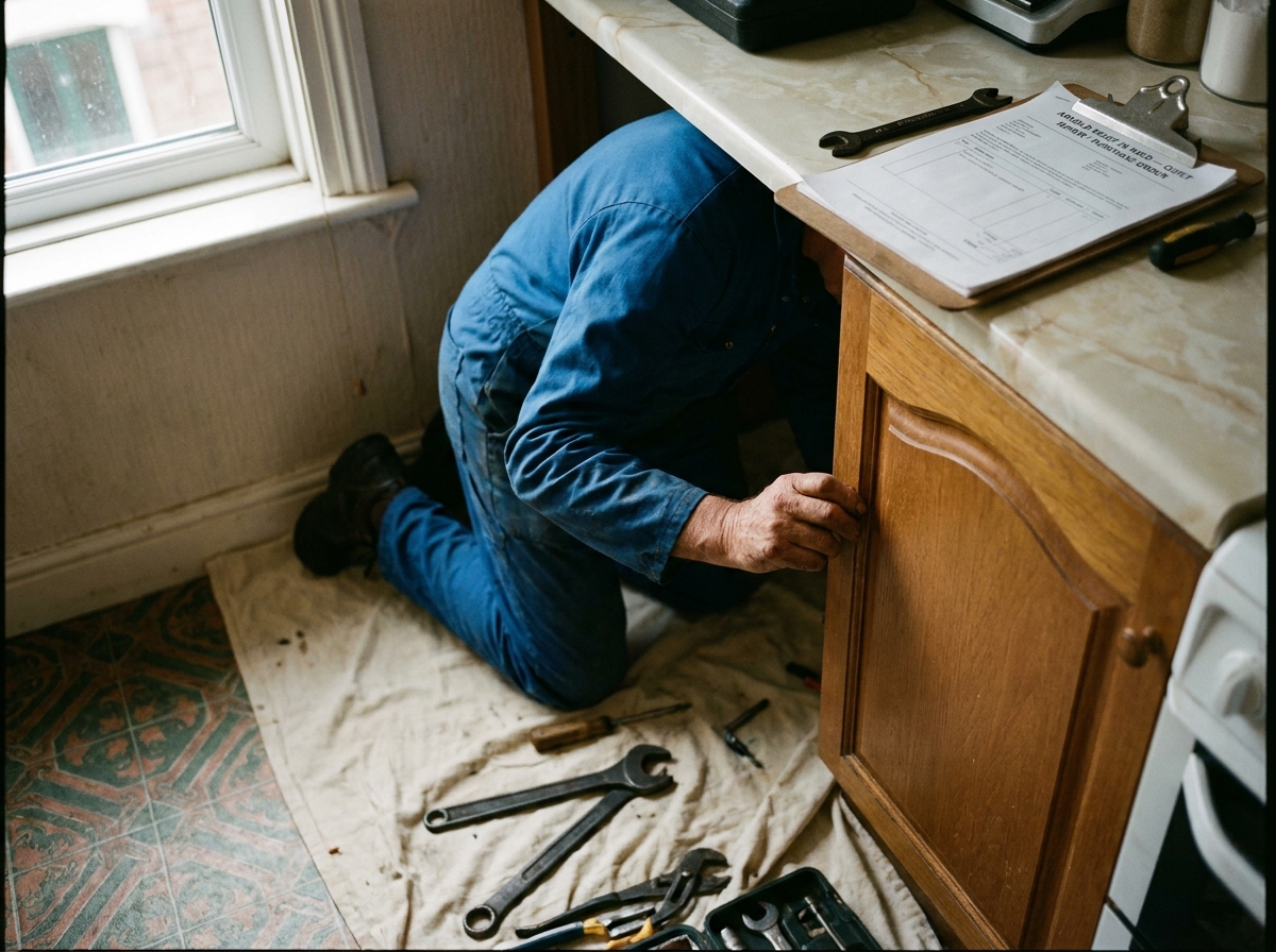 An engineer kneeling at the back of a kitchen unit, blue overalls, tools laid out on a clean dust sheet