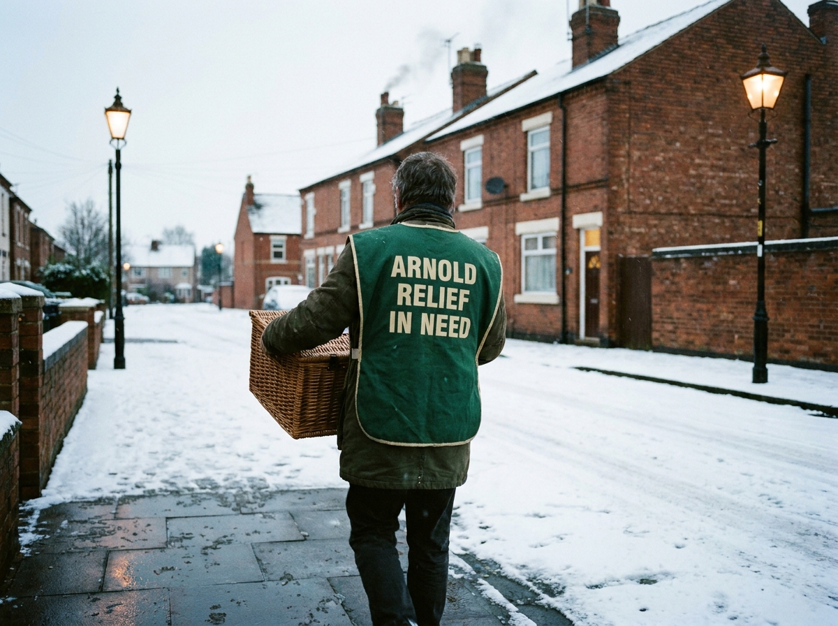 A volunteer in a green tabard carrying a wicker hamper down a terraced street in light snow