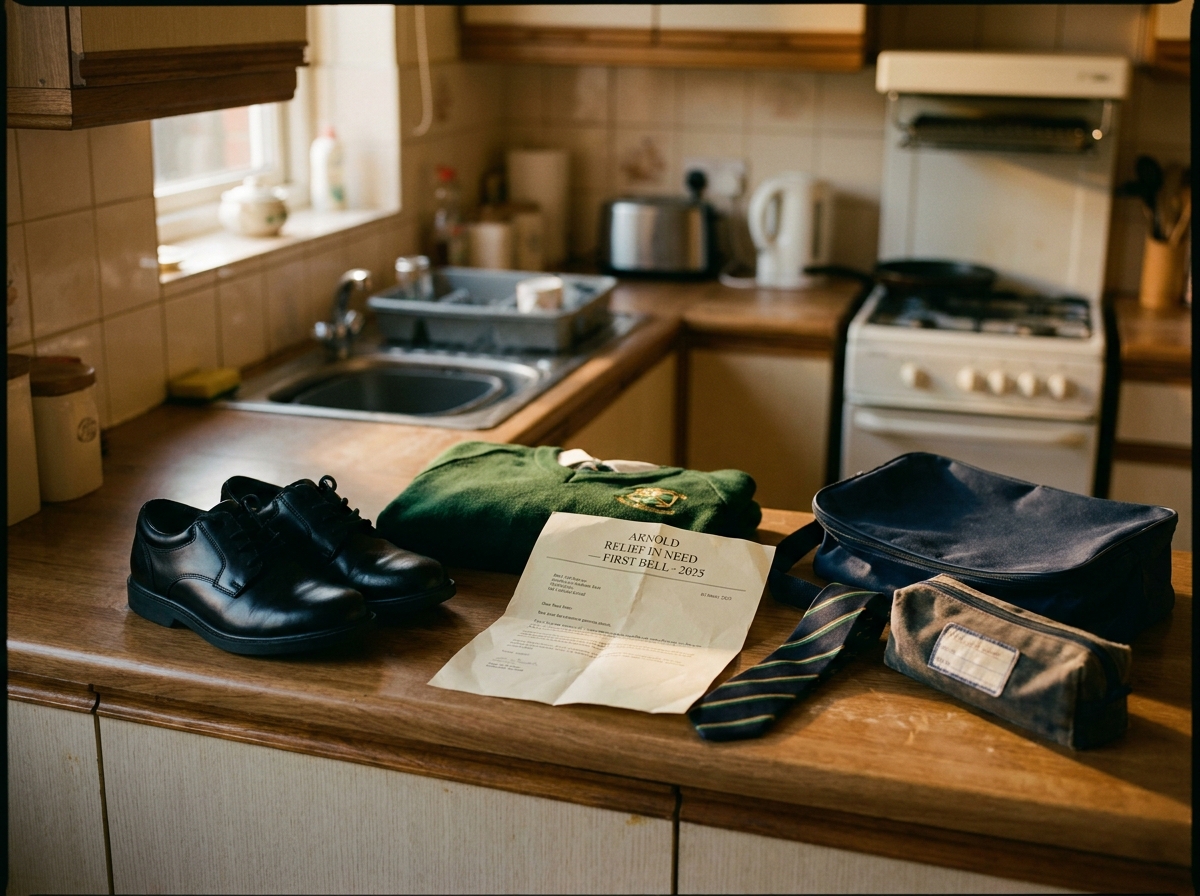 A new pair of black school shoes and a folded green jumper laid on a kitchen counter, late August light