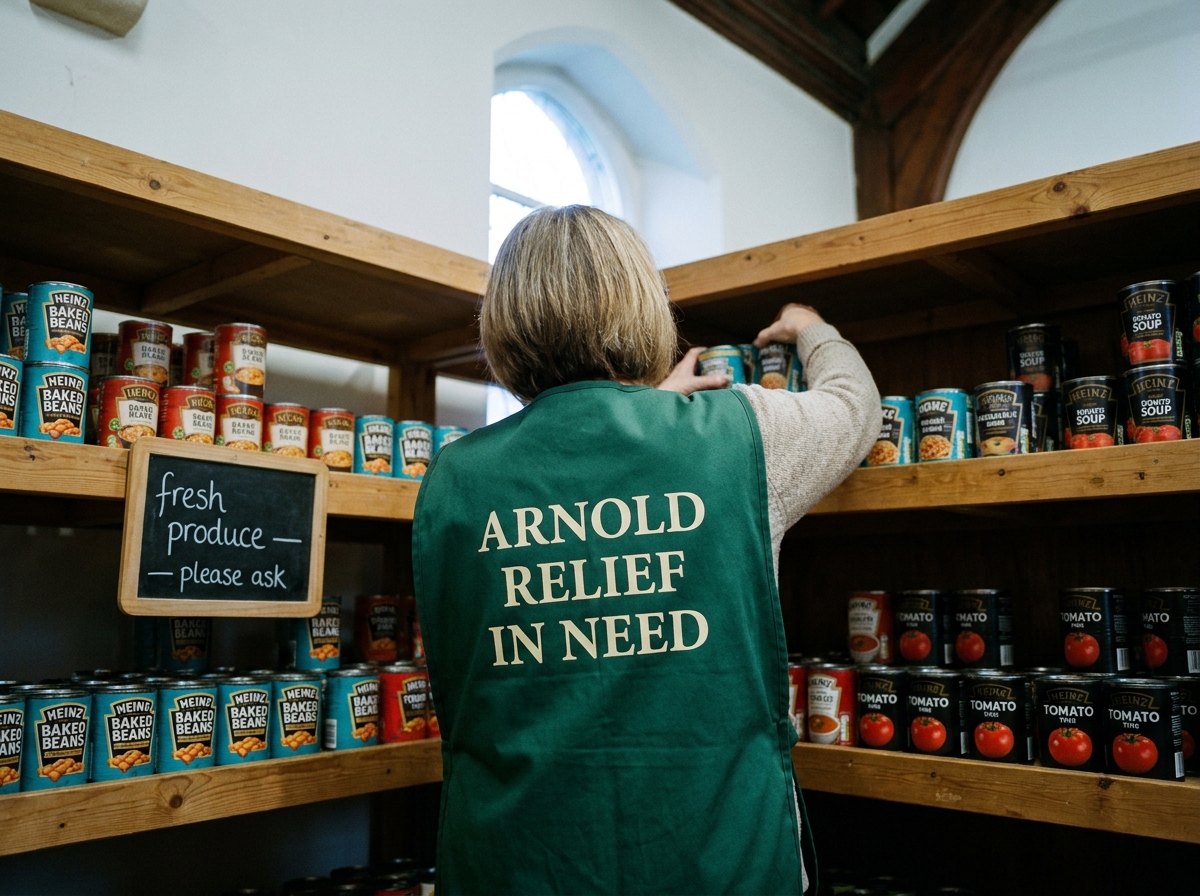 A volunteer in a green tabard stacking tins on a wooden shelf inside a parish hall larder