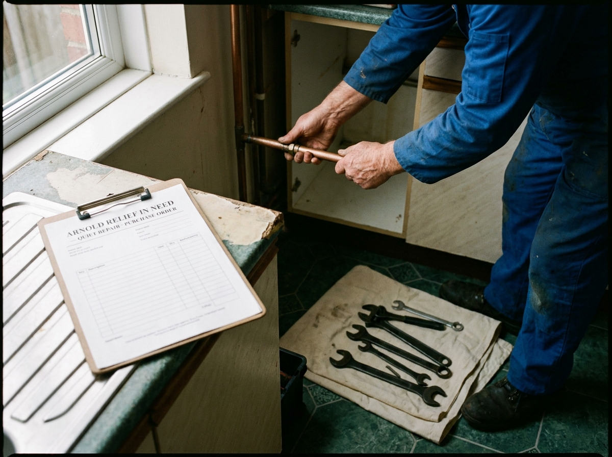 A workman's hands tightening a copper pipe behind a kitchen unit, tools laid neatly on a folded dust sheet