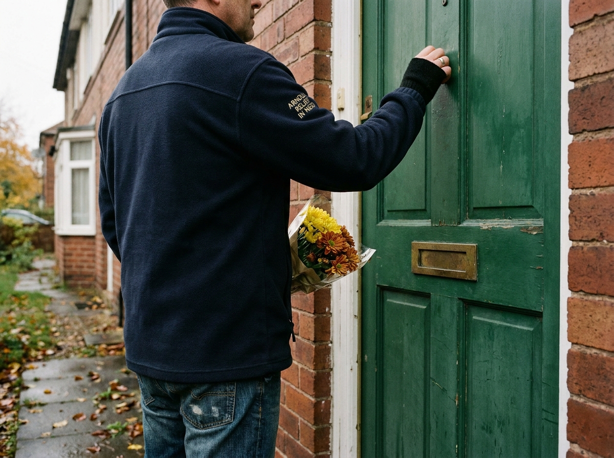 A volunteer in a navy fleece knocking gently on the painted door of a 1930s semi in Daybrook