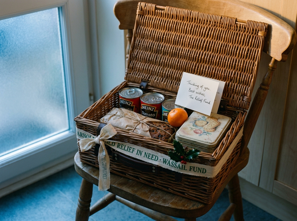 A wicker hamper open on a kitchen chair containing tinned soup, a fruit cake, a tangerine and a hand-written card