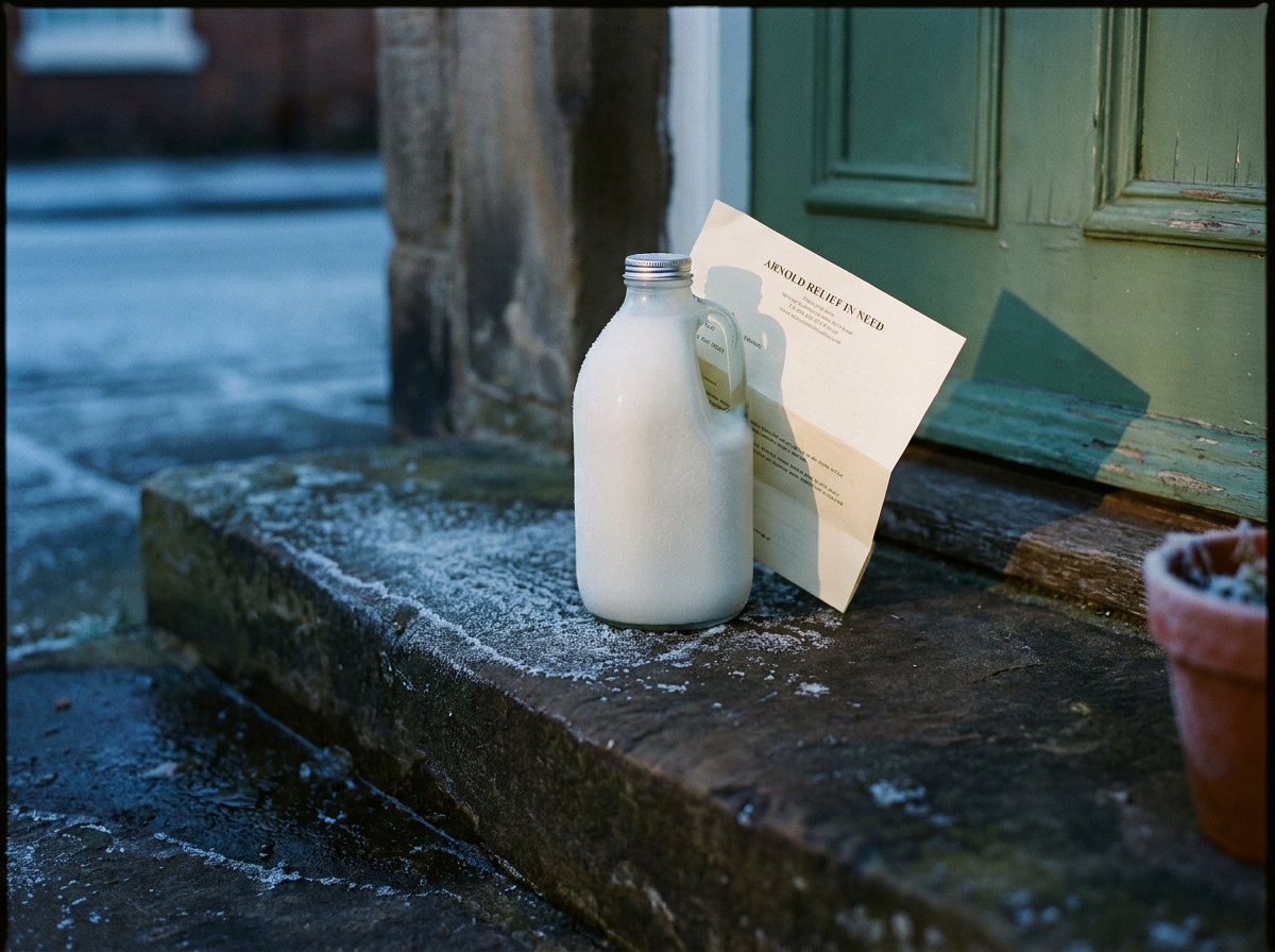 A frosted milk bottle on a Killisick doorstep at first light, a folded grant letter tucked behind the handle
