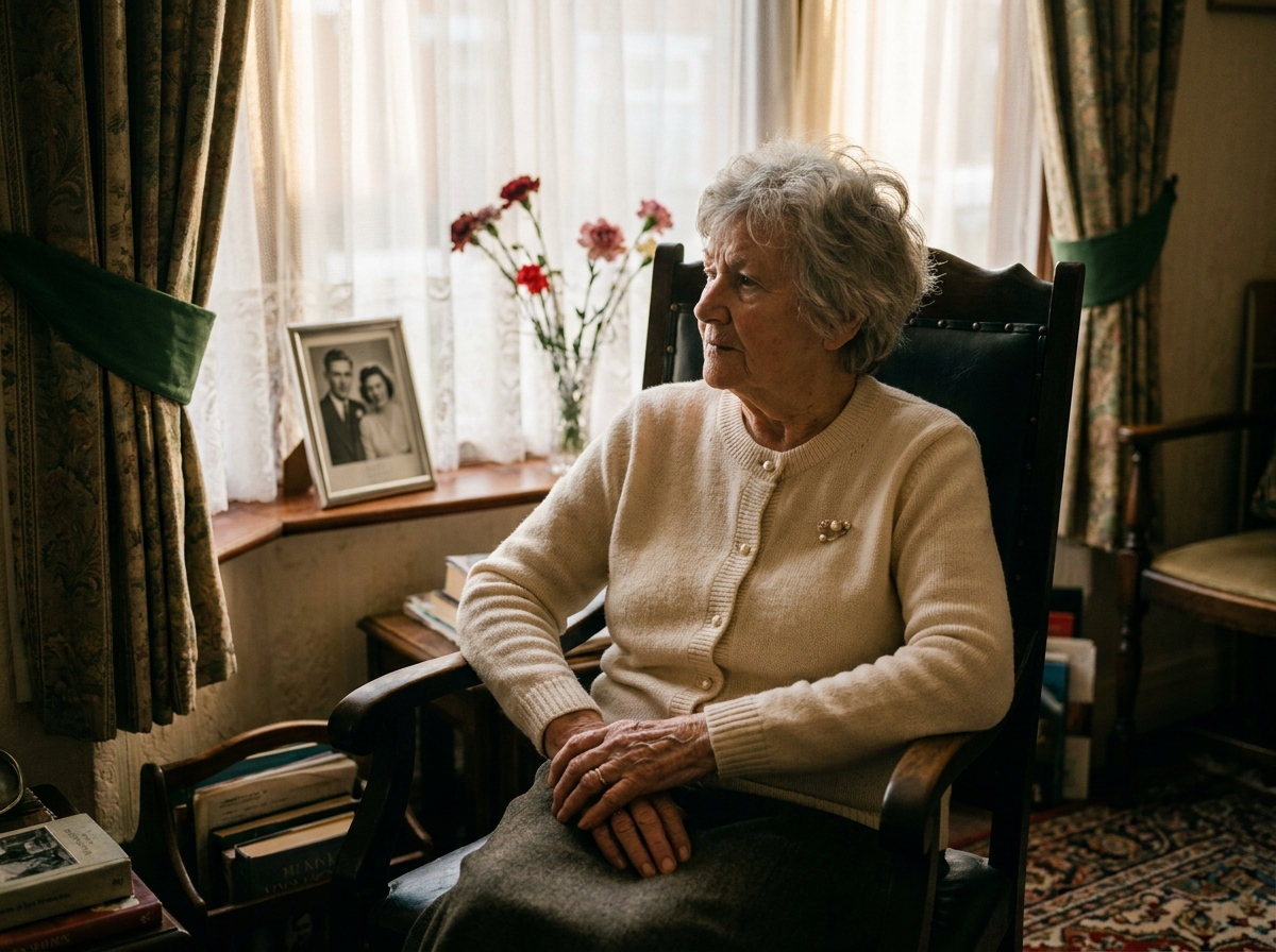 Margaret, seventy-eight, in a soft cardigan at her front room window in Killisick, late afternoon light
