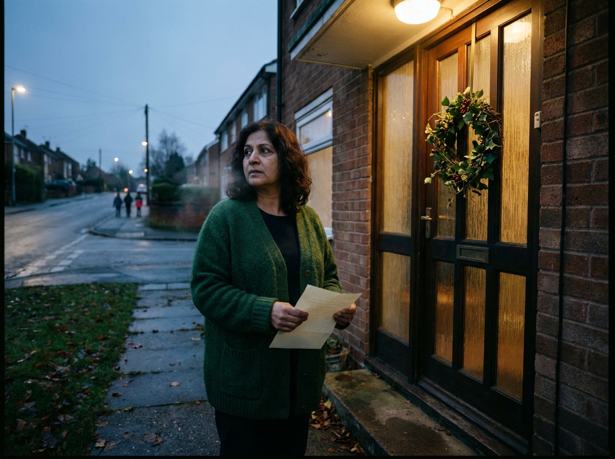 Sunita, fifty-two, in a long cardigan at her front door in Woodthorpe, holding a folded letter and looking up the road