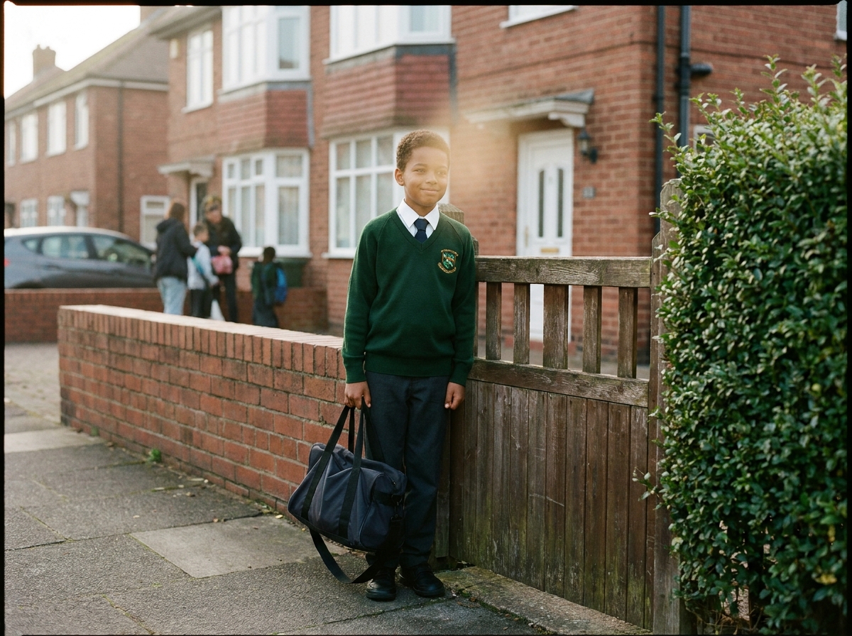 Thomas, a school-age boy in a new uniform standing by a front gate in Daybrook, smiling sideways at the camera