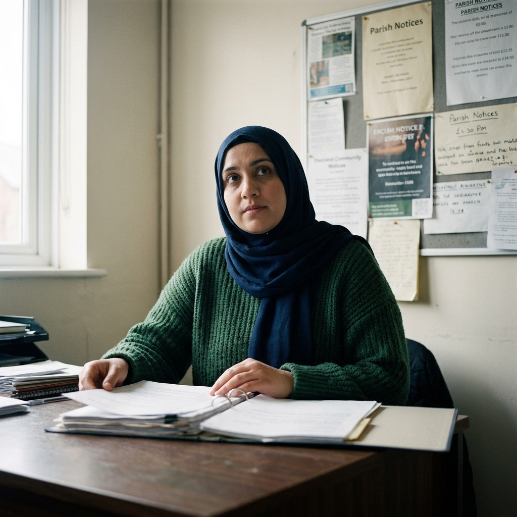 Portrait of Aisha, a parish welfare worker in her thirties, at a small desk in a Daybrook community centre