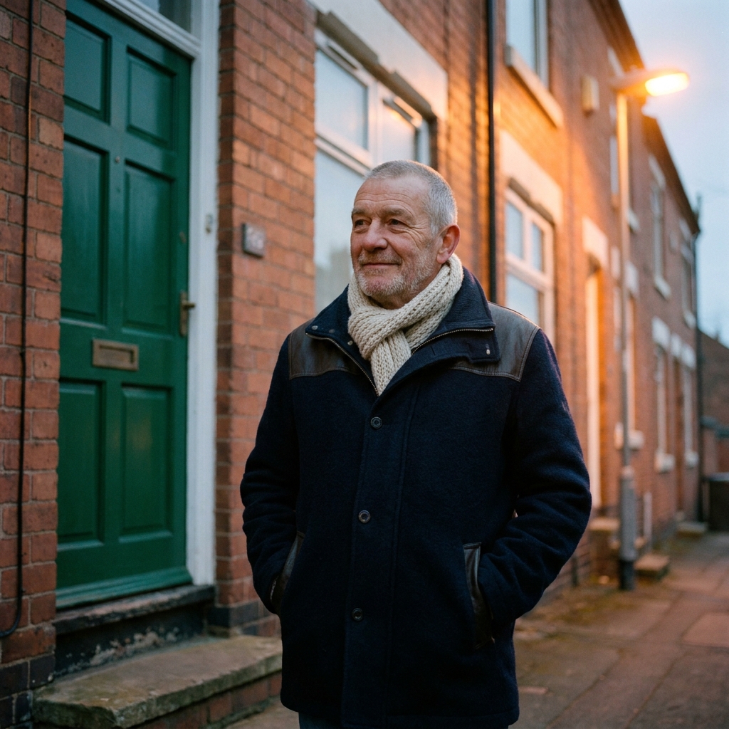 Portrait of Bryan, sixty-six, in a heavy coat outside his terraced front door in Redhill at dusk