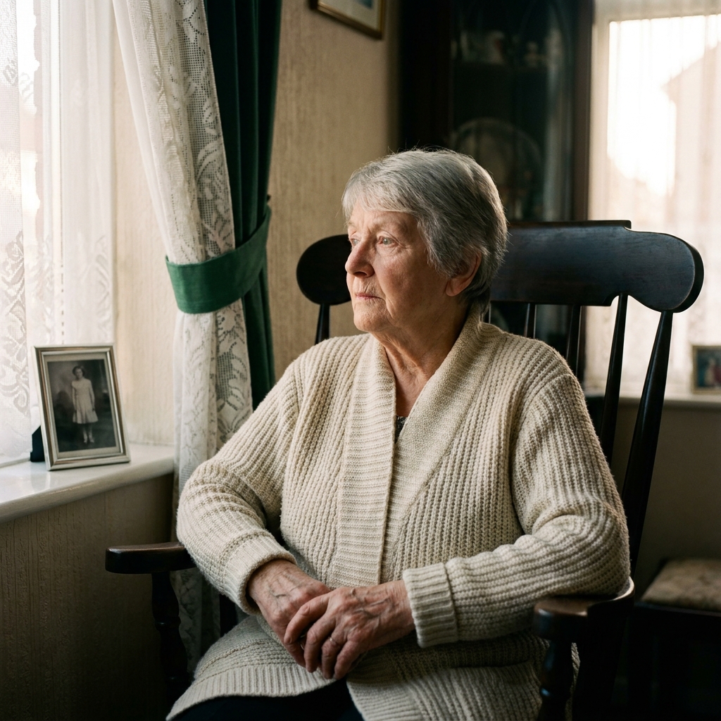 Portrait of Margaret, seventy-eight, in a soft cardigan at her front-room window in Killisick