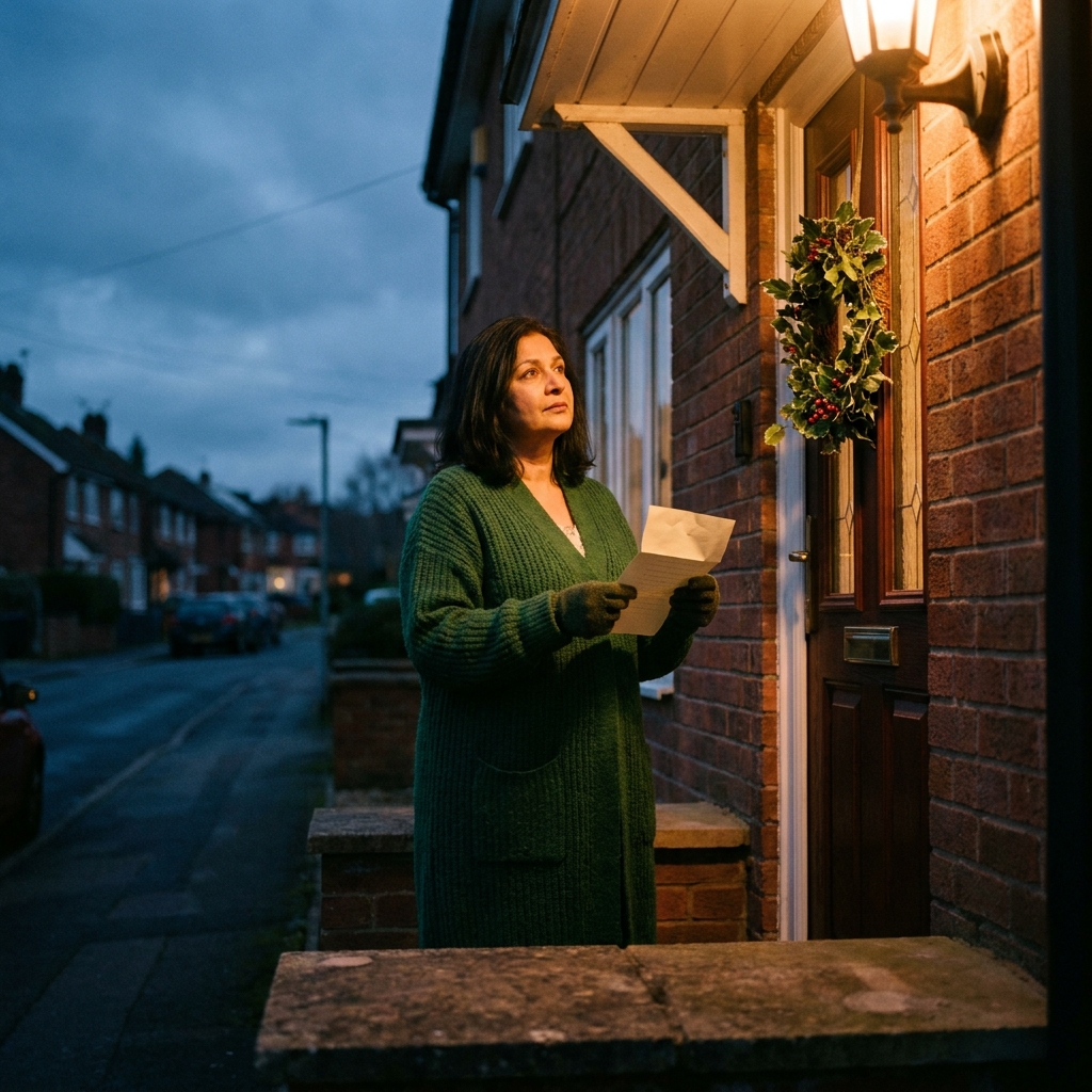 Portrait of Sunita, fifty-two, in a long cardigan at her front door in Woodthorpe, holding a folded letter
