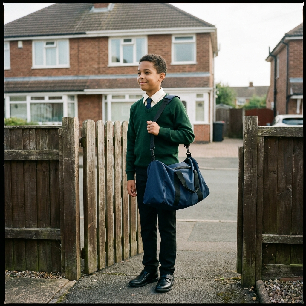 Portrait of Thomas, eleven, in a new school uniform standing by his front gate in Daybrook