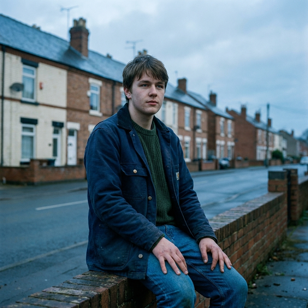Portrait of Tom, nineteen, sitting on a low wall in front of a Bestwood Village terrace