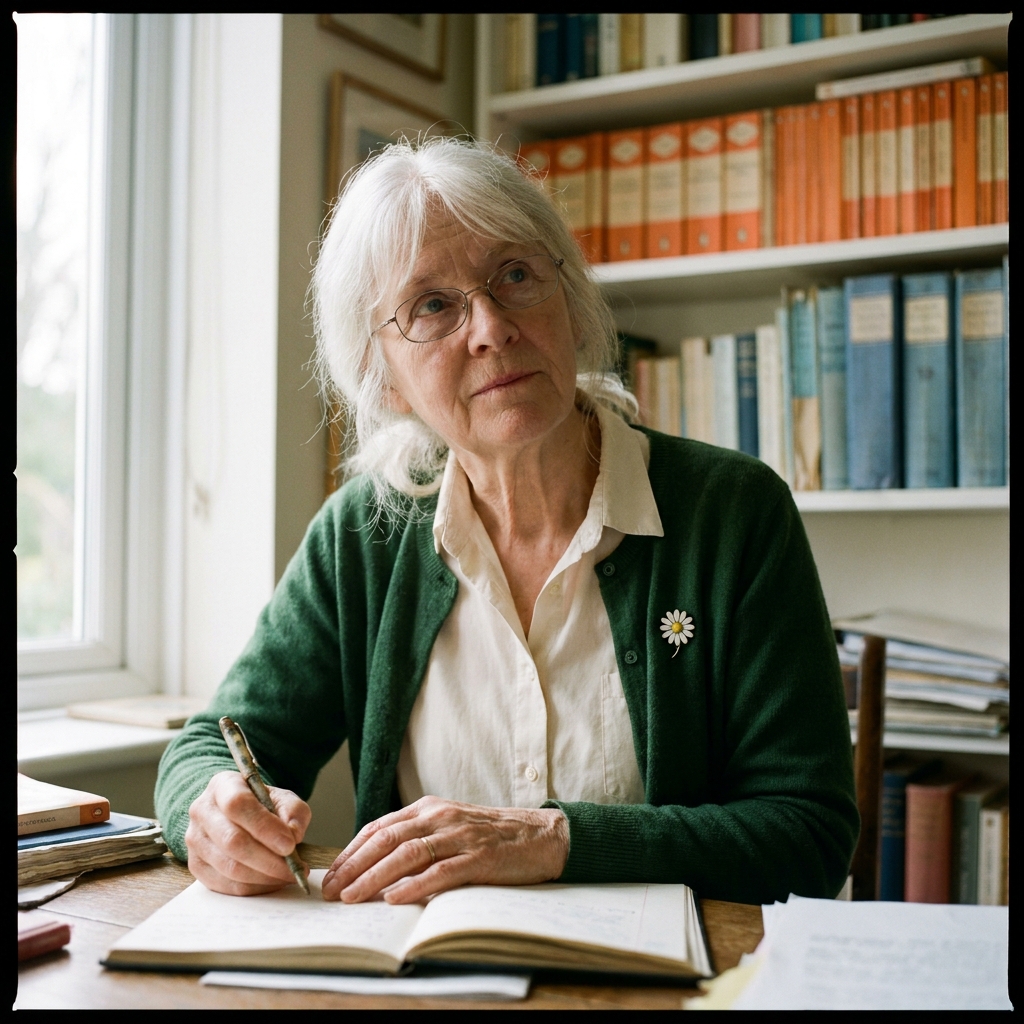 Portrait of a trustee in a green cardigan in a small home study lined with books