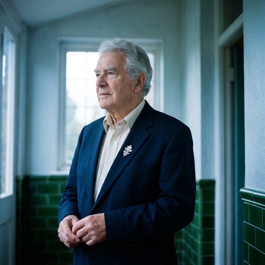 Portrait of a trustee in a dark blazer at the door of Arnot Hill House, soft Nottinghamshire morning light