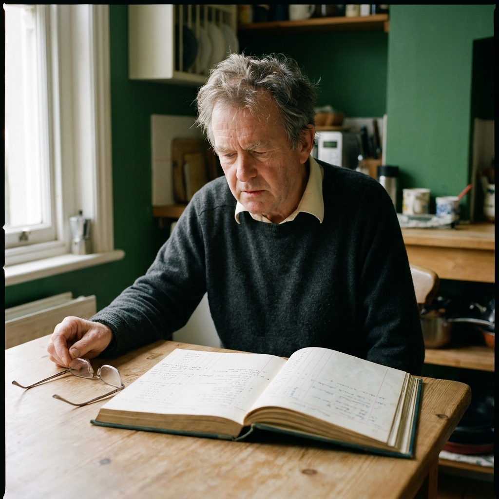 Portrait of a trustee at a kitchen table, glasses set down on a ledger of grant minutes