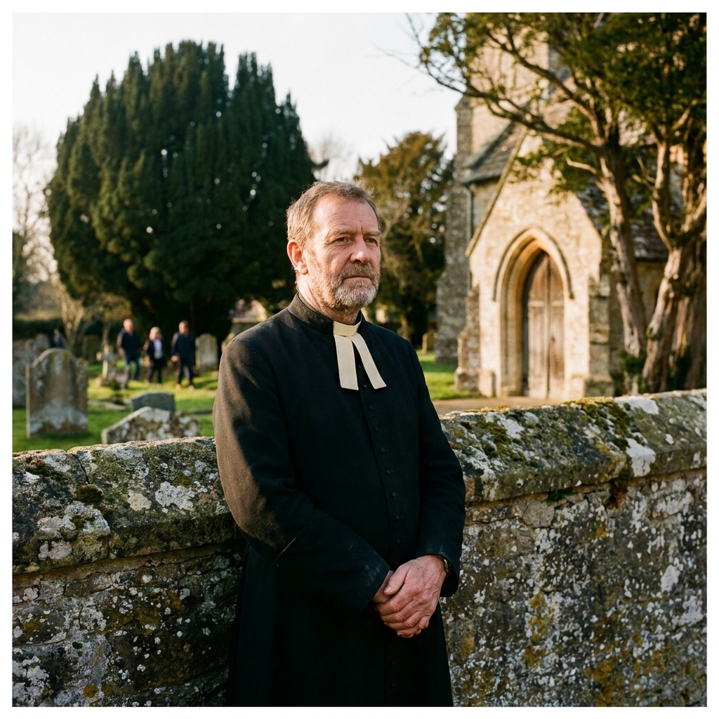 Portrait of a trustee in clerical collar by a churchyard wall, late afternoon
